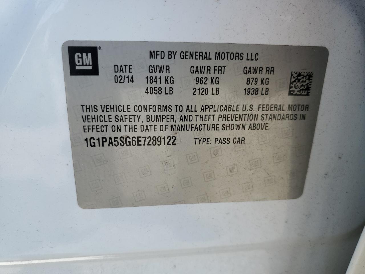 2014 Chevrolet Cruze Ls VIN: 1G1PA5SG6E7289122 Lot: 63683484