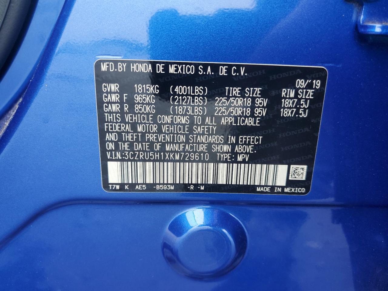 2019 Honda Hr-V Sport VIN: 3CZRU5H1XKM729610 Lot: 64163354