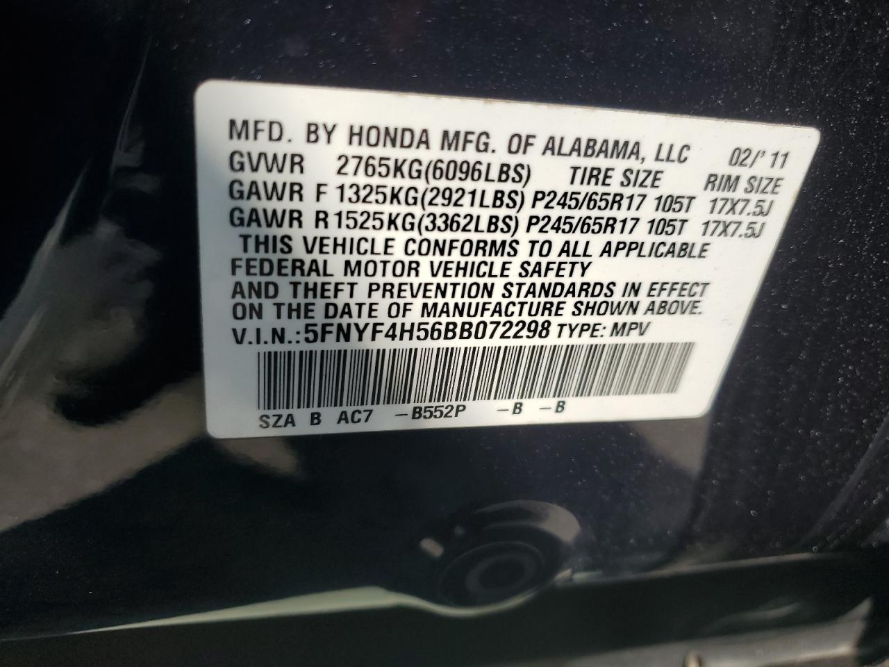 2011 Honda Pilot Exl VIN: 5FNYF4H56BB072298 Lot: 63417384