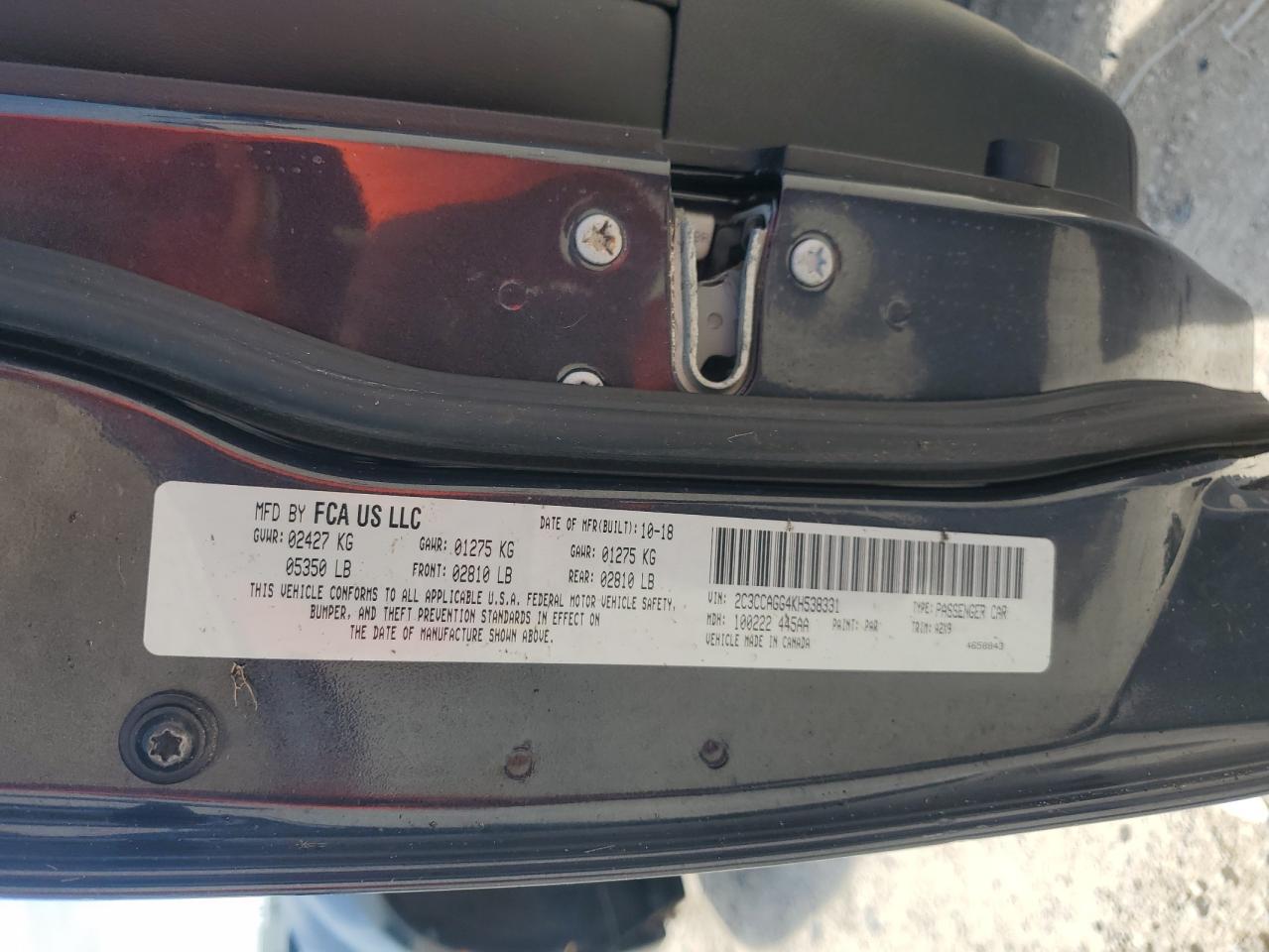 2019 Chrysler 300 S VIN: 2C3CCAGG4KH538331 Lot: 65318474