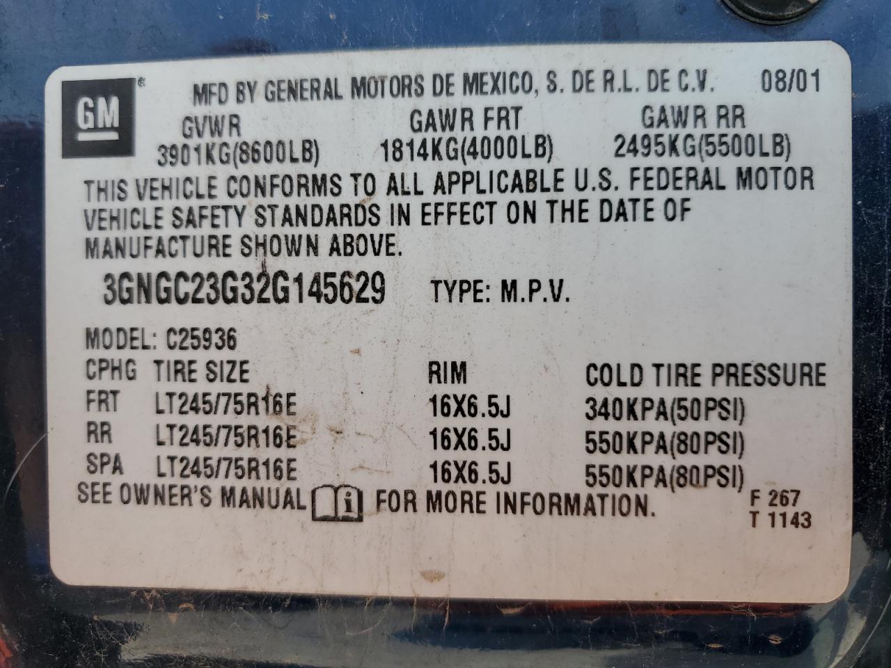 2002 Chevrolet Avalanche C2500 VIN: 3GNGC23G32G145629 Lot: 64779894