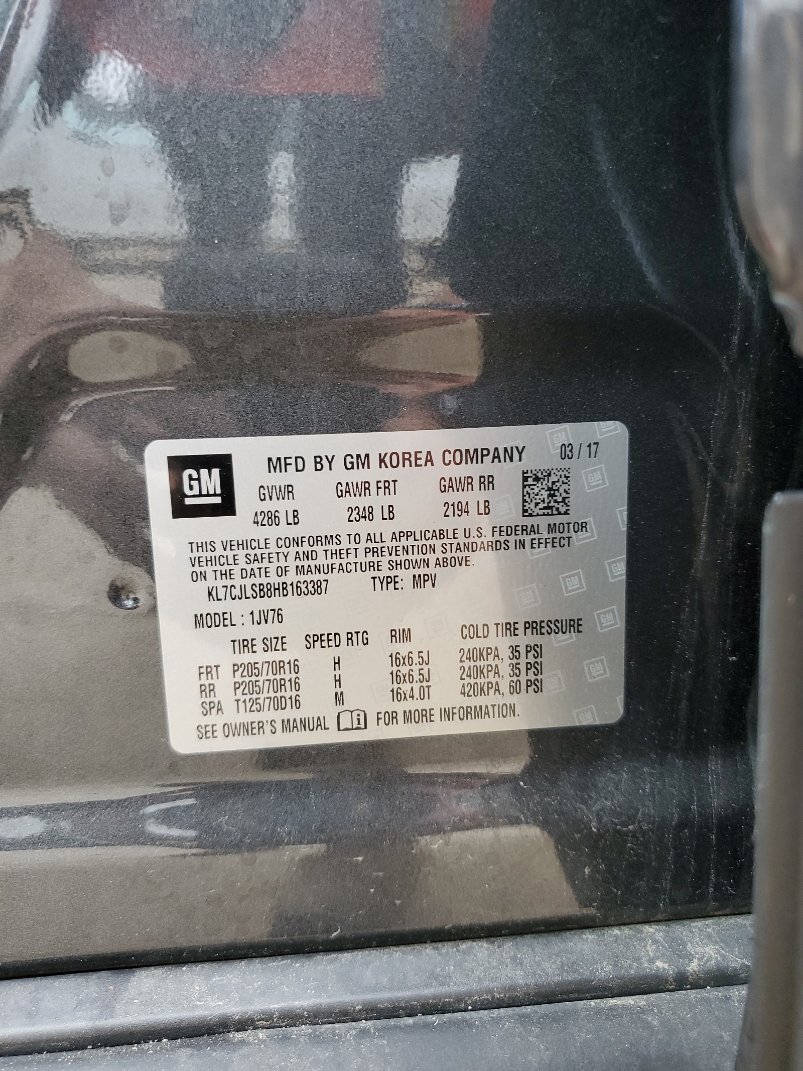 KL7CJLSB8HB163387 2017 Chevrolet Trax 1Lt