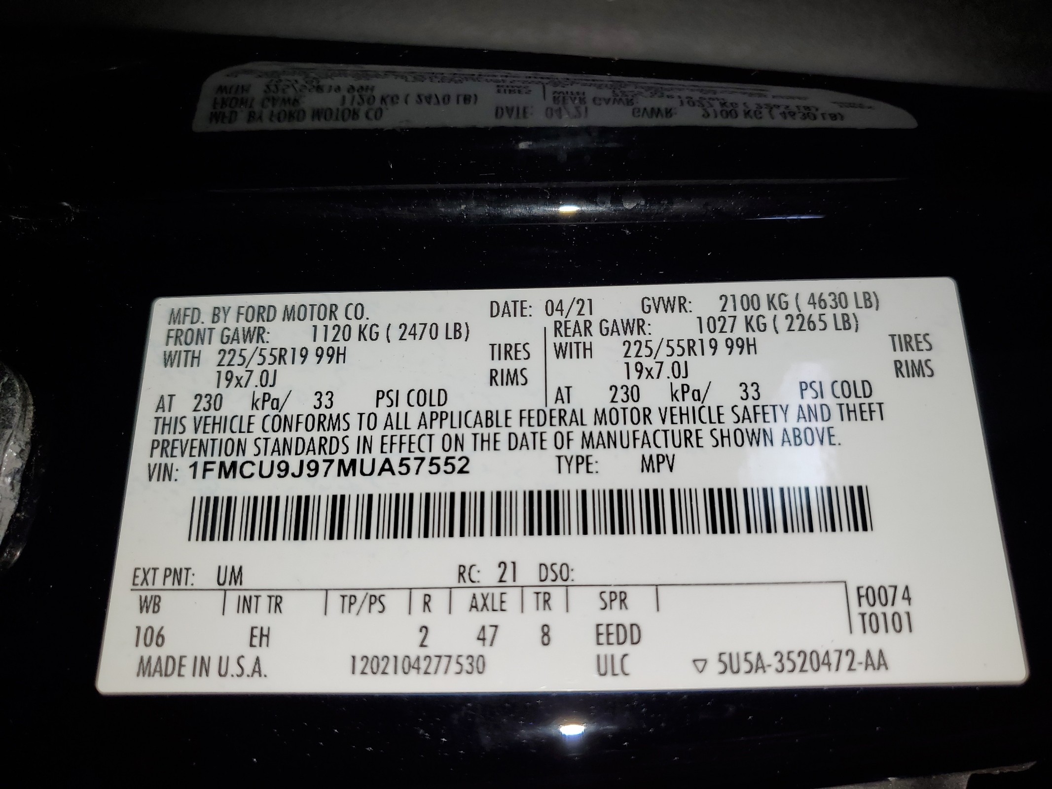 1FMCU9J97MUA57552 2021 Ford Escape Titanium