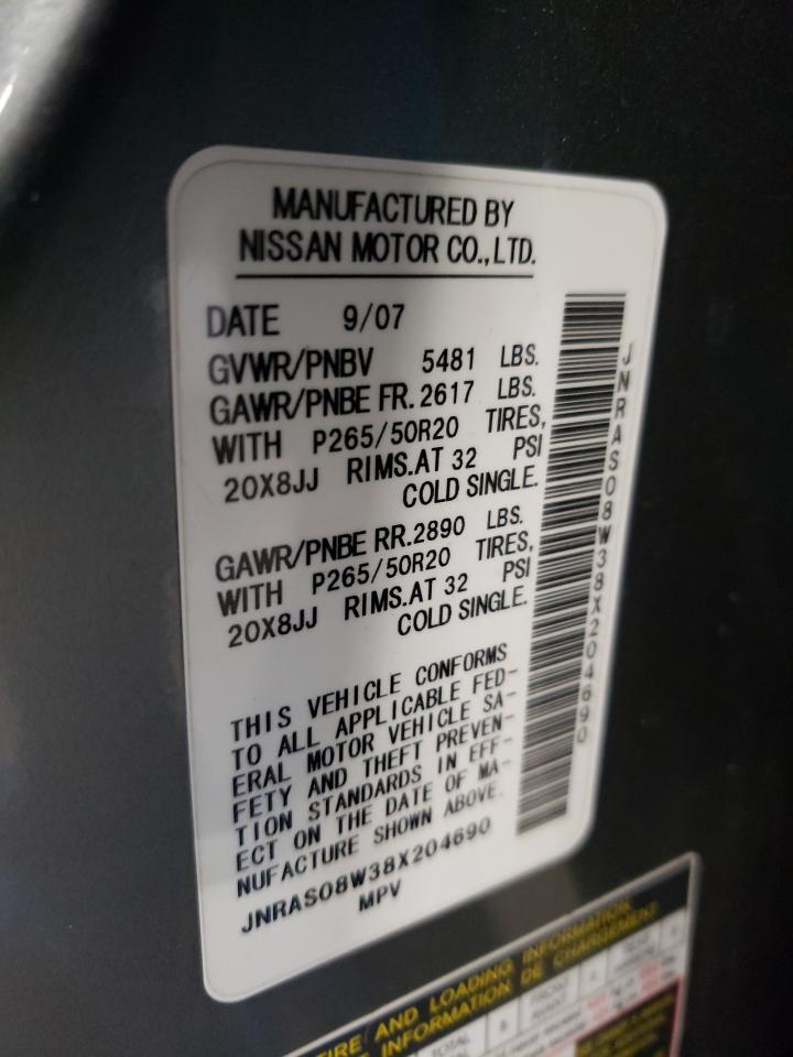 2008 Infiniti Fx35 VIN: JNRAS08W38X204690 Lot: 63491004