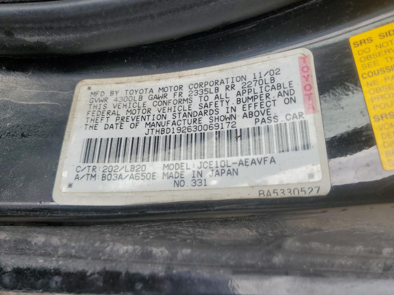 2003 Lexus Is 300 VIN: JTHBD192630069172 Lot: 61762244