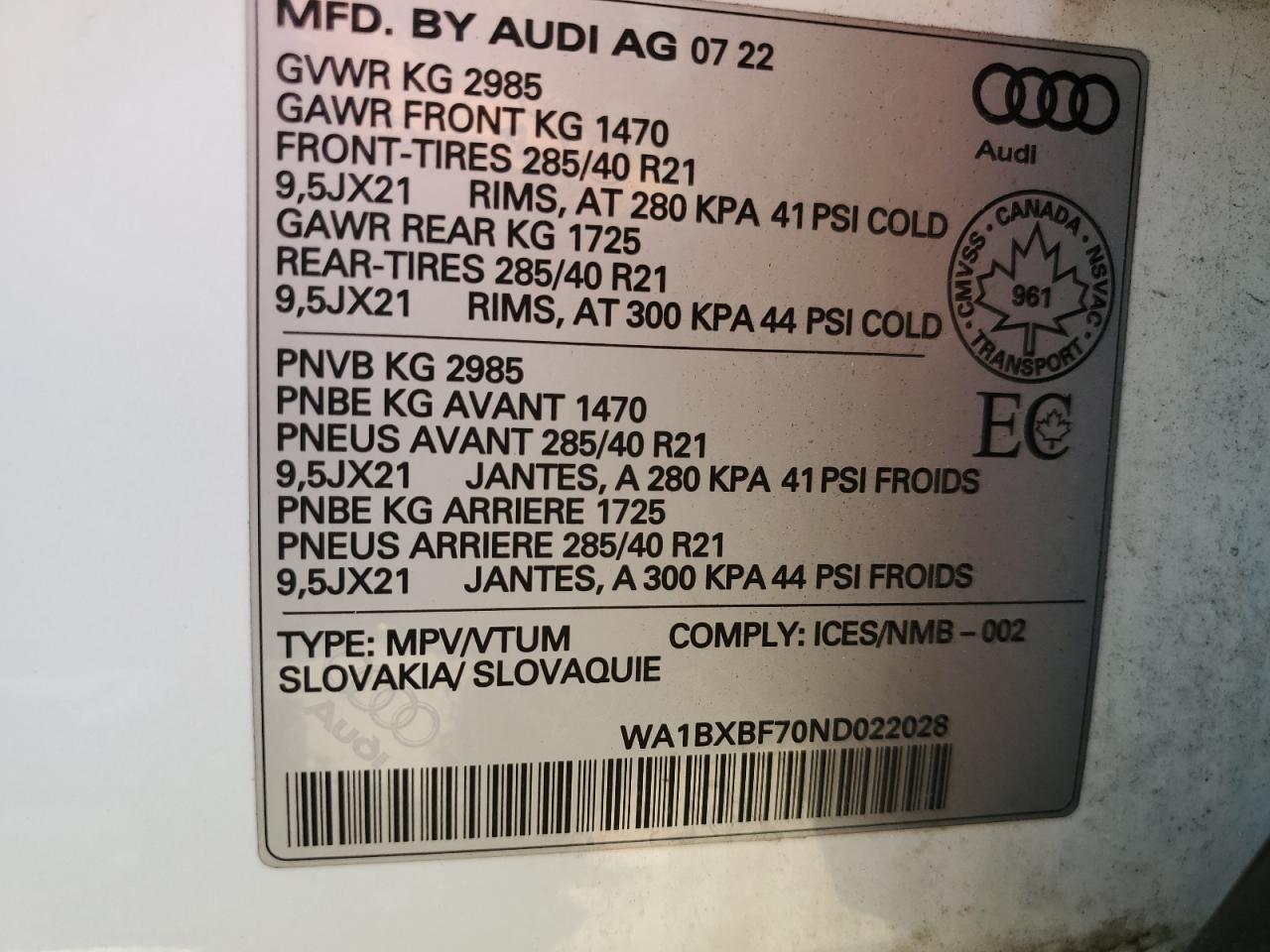 2022 Audi Q7 Komfort VIN: WA1BXBF70ND022028 Lot: 63050304
