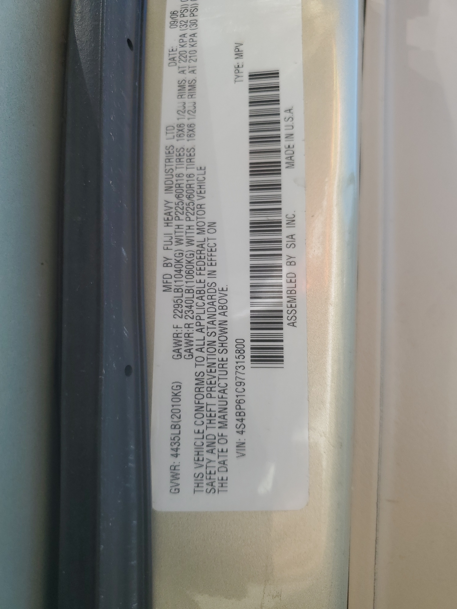 4S4BP61C977315800 2007 Subaru Outback Outback 2.5I