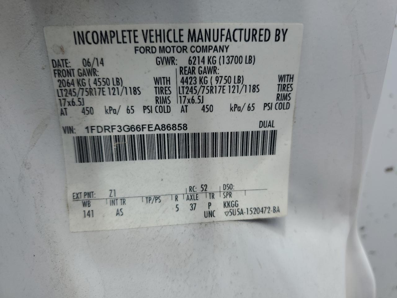 2015 Ford F350 Super Duty VIN: 1FDRF3G66FEA86858 Lot: 61799234