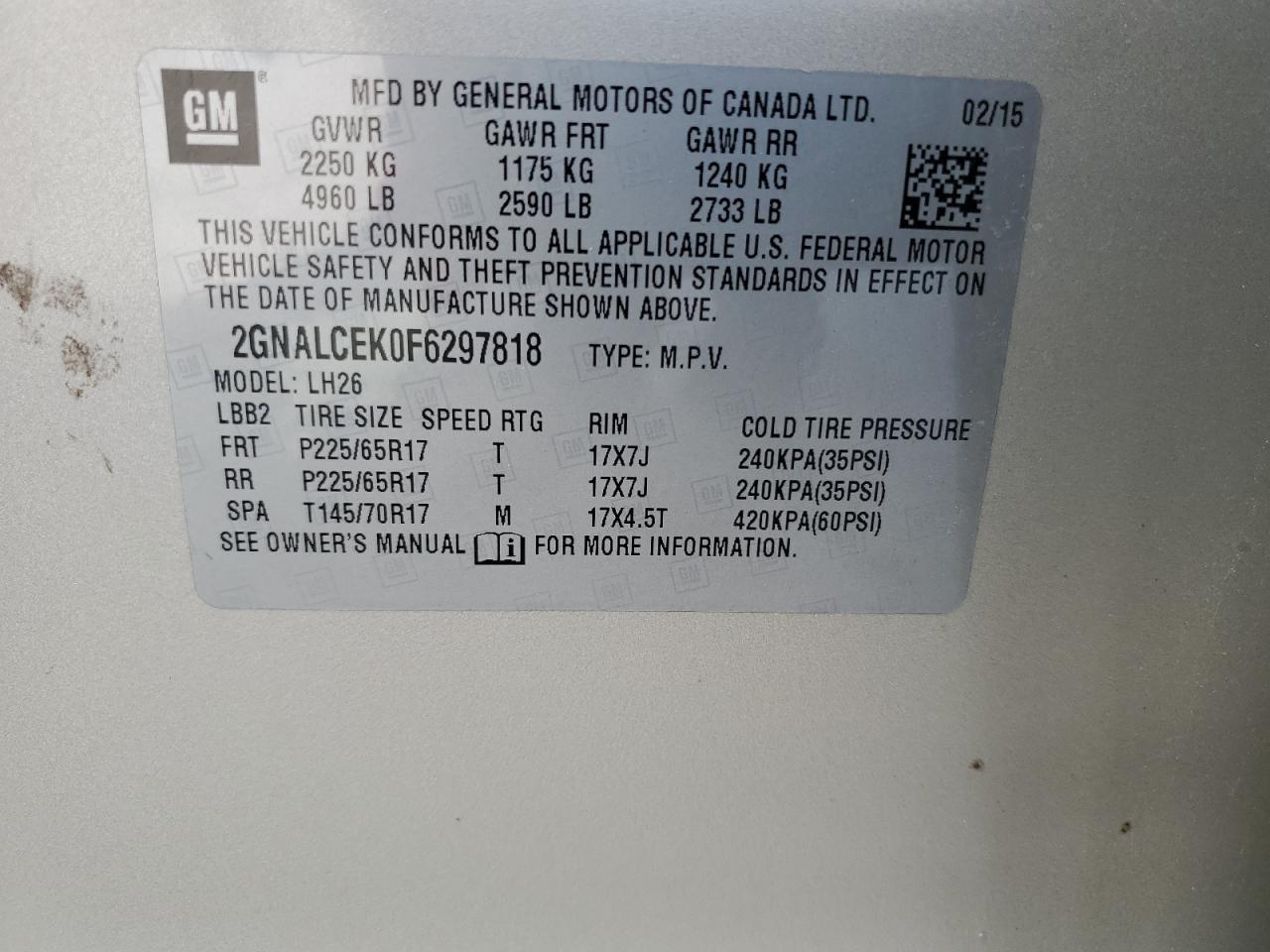 2015 Chevrolet Equinox Lt VIN: 2GNALCEK0F6297818 Lot: 63294724