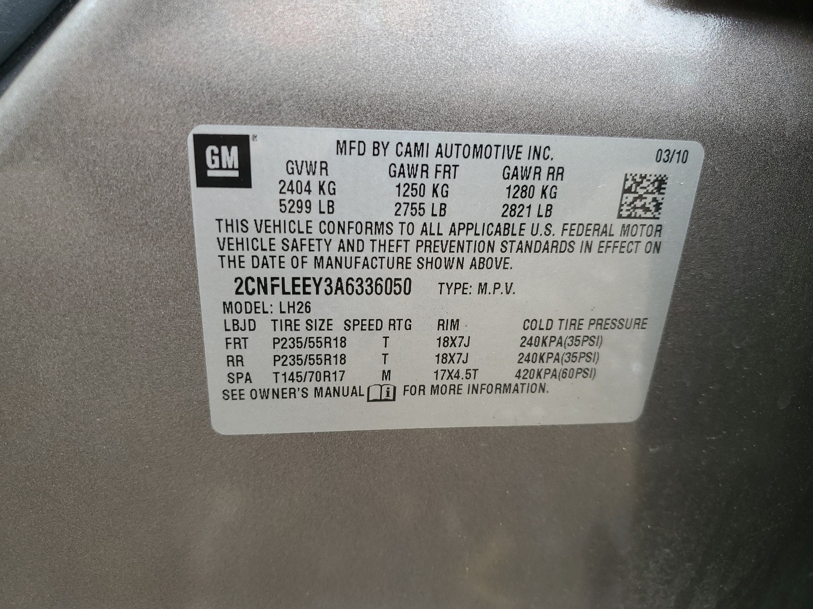 2CNFLEEY3A6336050 2010 Chevrolet Equinox Lt