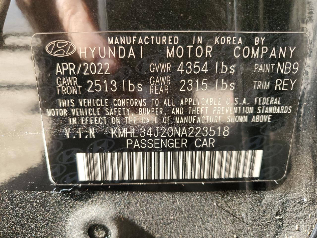 2022 Hyundai Sonata Limited VIN: KMHL34J20NA223518 Lot: 63363434