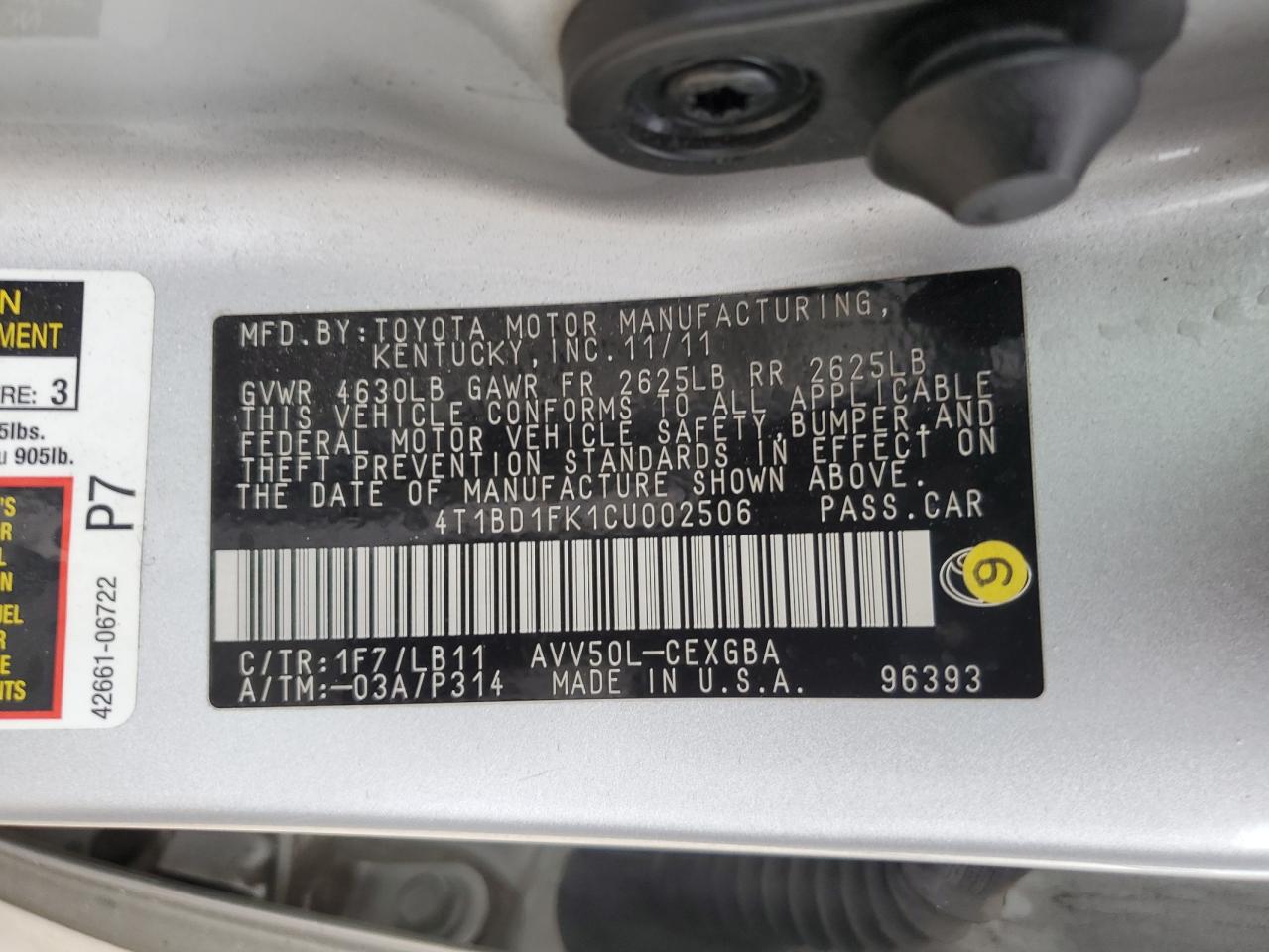 4T1BD1FK1CU002506 2012 Toyota Camry Hybrid