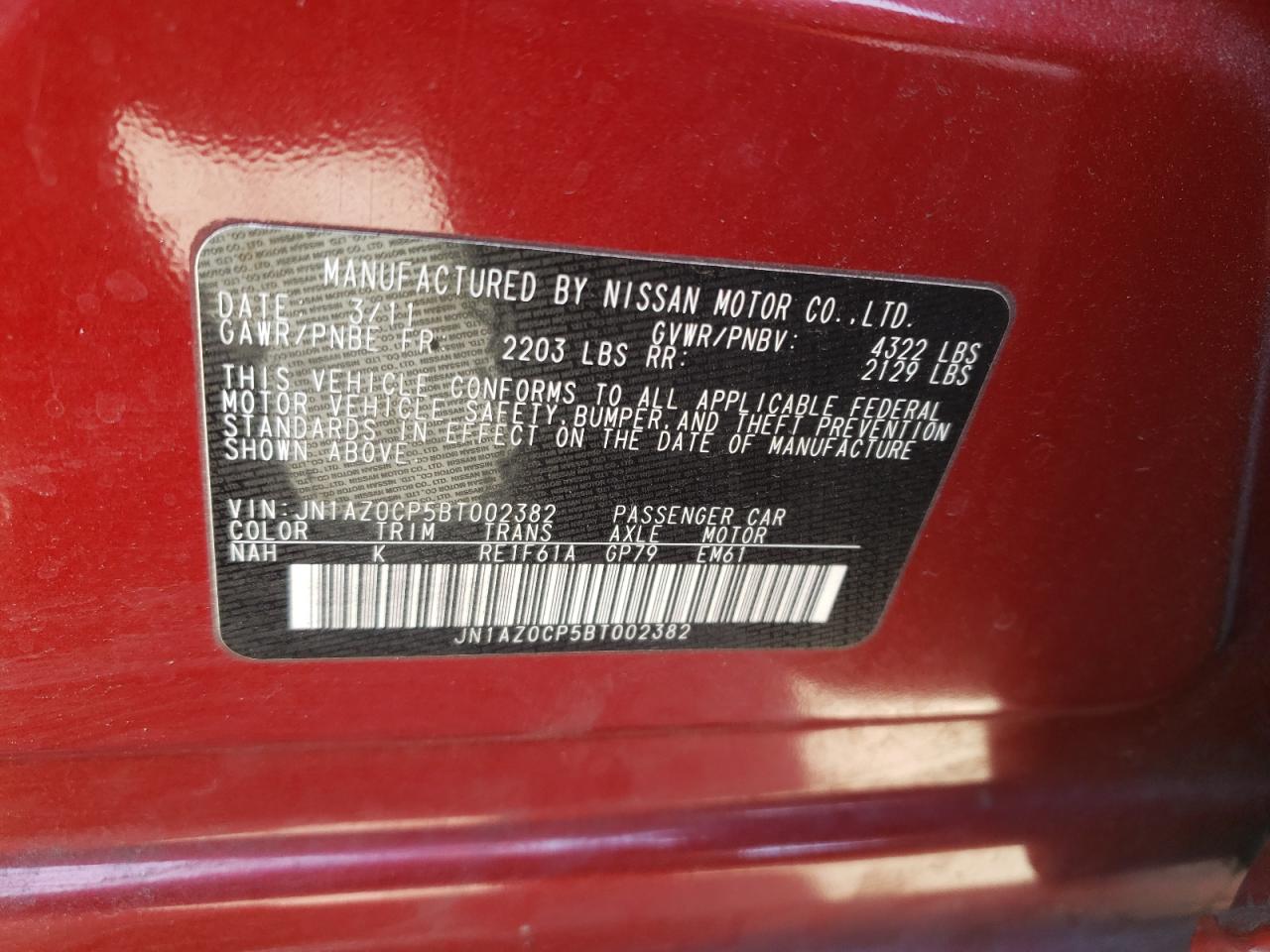 2011 Nissan Leaf Sv VIN: JN1AZ0CP5BT002382 Lot: 65072084