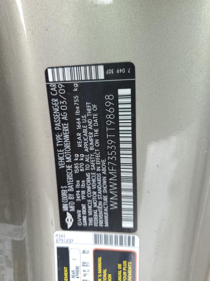 2009 Mini Cooper S VIN: WMWMF73539TT98698 Lot: 64688994