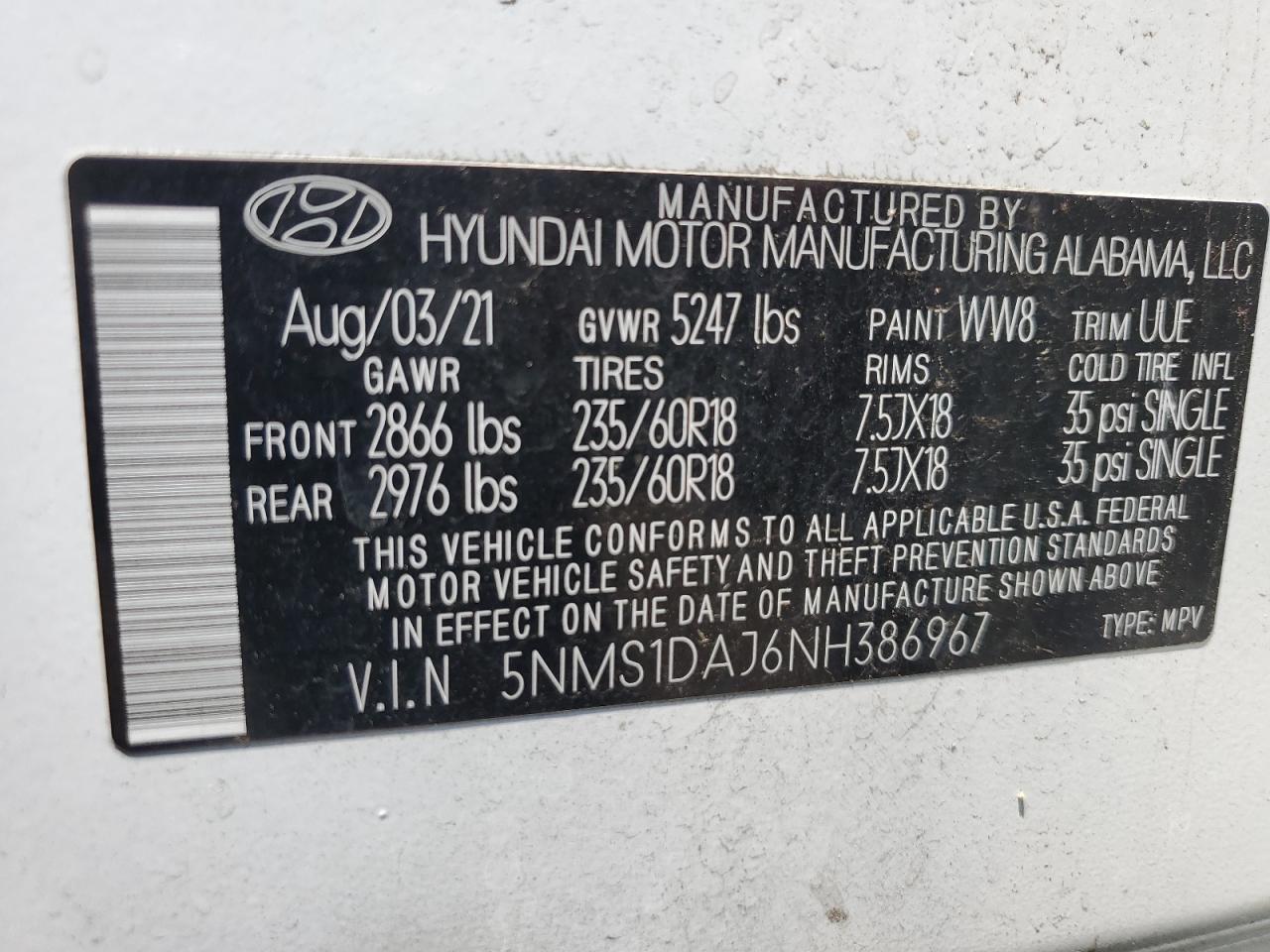 5NMS1DAJ6NH386967 2022 Hyundai Santa Fe Se