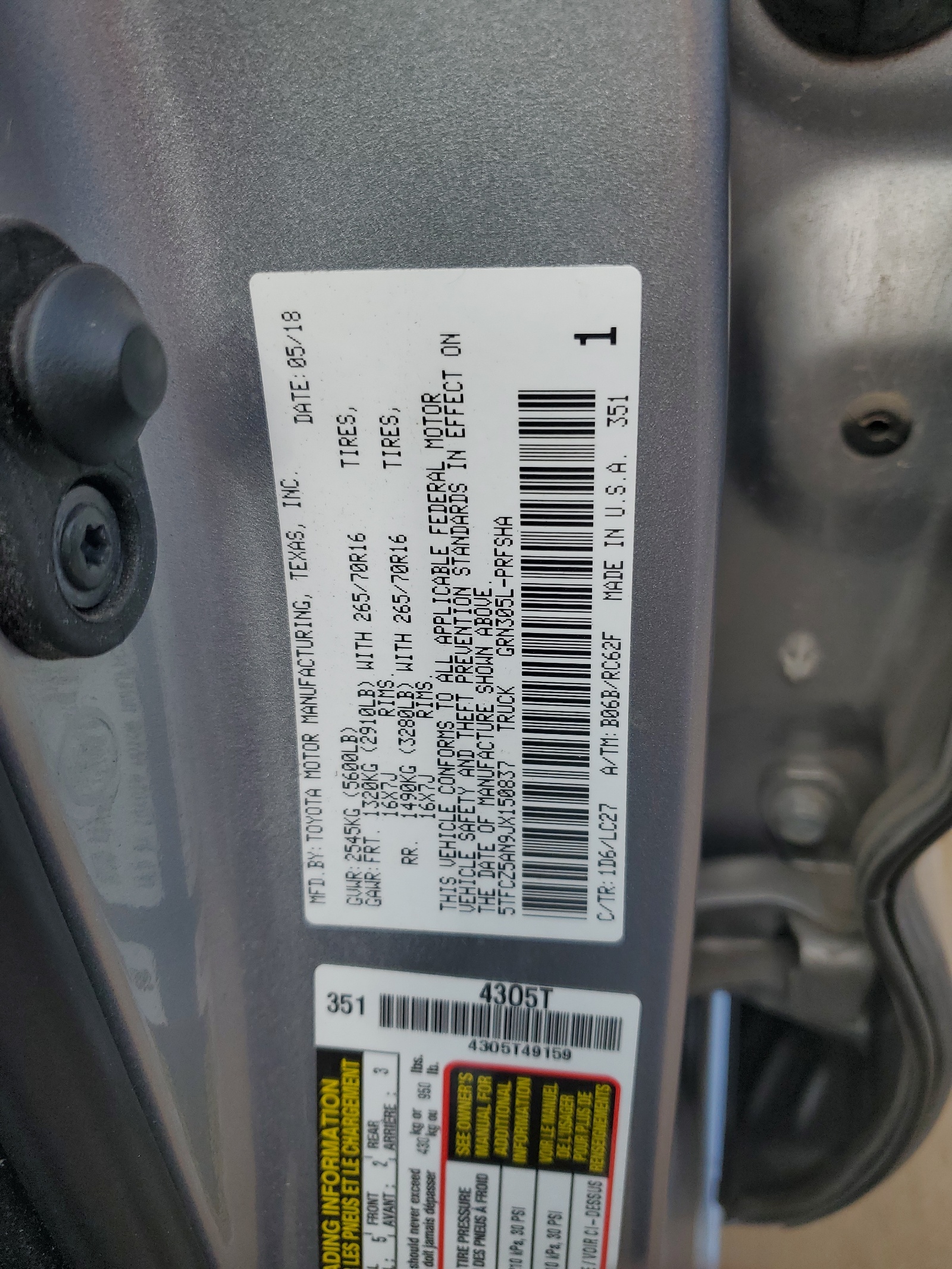 5TFCZ5AN9JX150837 2018 Toyota Tacoma Double Cab