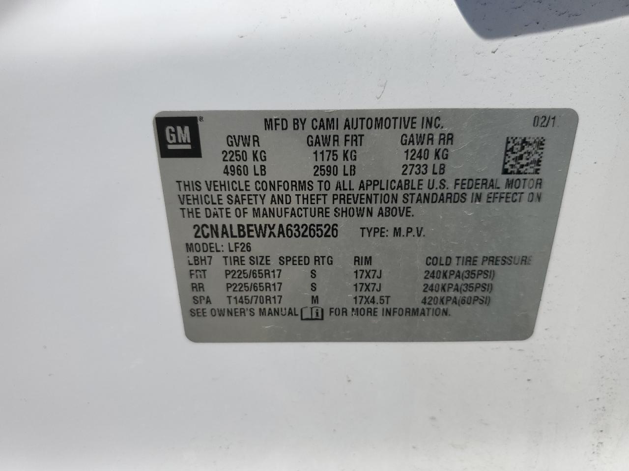 2010 Chevrolet Equinox Ls VIN: 2CNALBEWXA6326526 Lot: 61454434