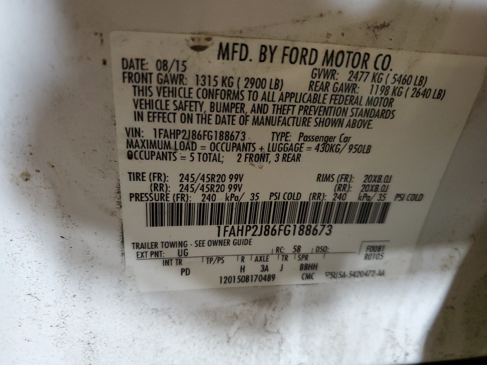 1FAHP2J86FG188673 2015 Ford Taurus Limited