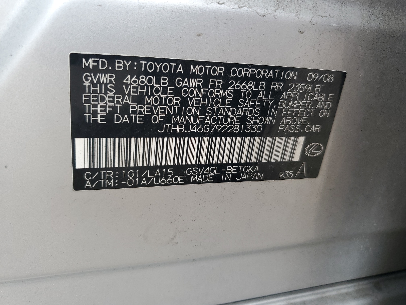 JTHBJ46G792281330 2009 Lexus Es 350