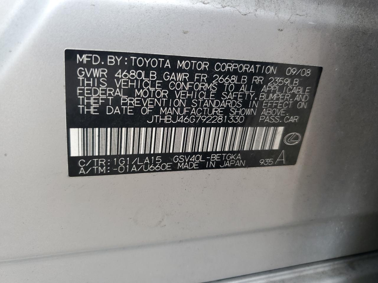 2009 Lexus Es 350 VIN: JTHBJ46G792281330 Lot: 61297344