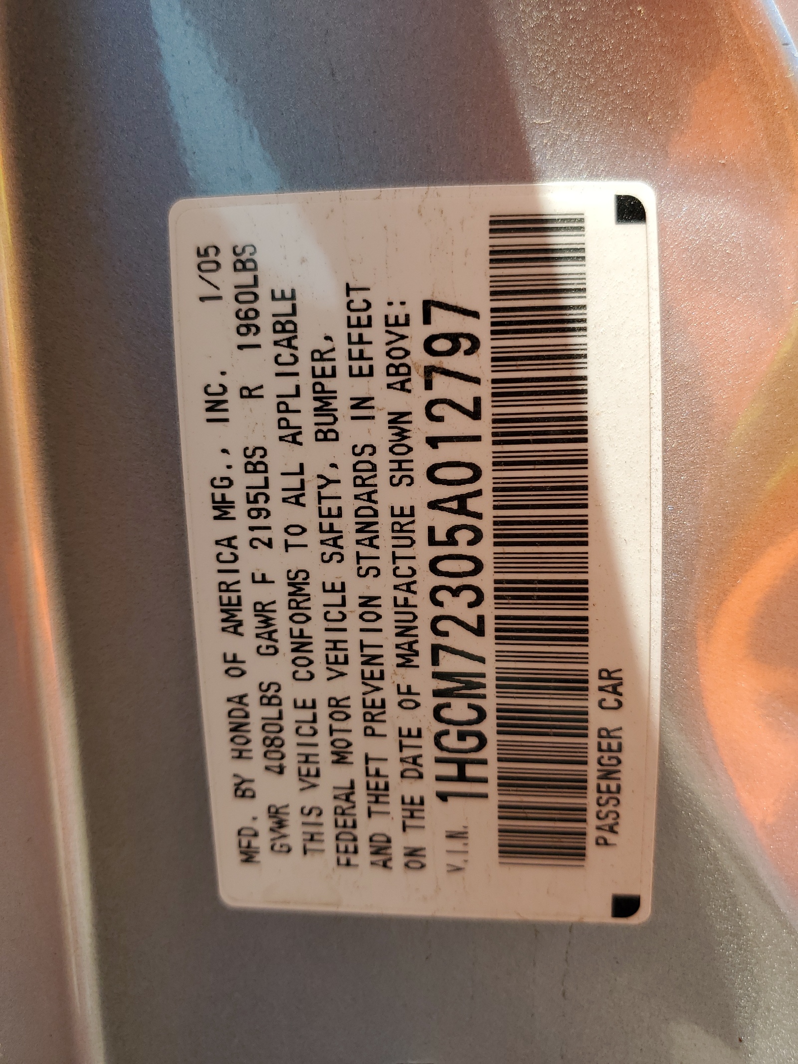 1HGCM72305A012797 2005 Honda Accord Lx