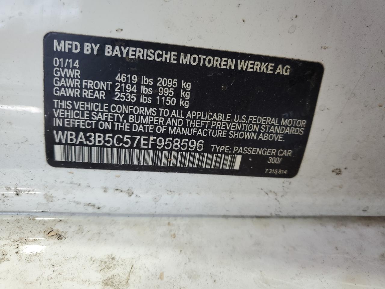 2014 BMW 328 Xi Sulev VIN: WBA3B5C57EF958596 Lot: 65455654