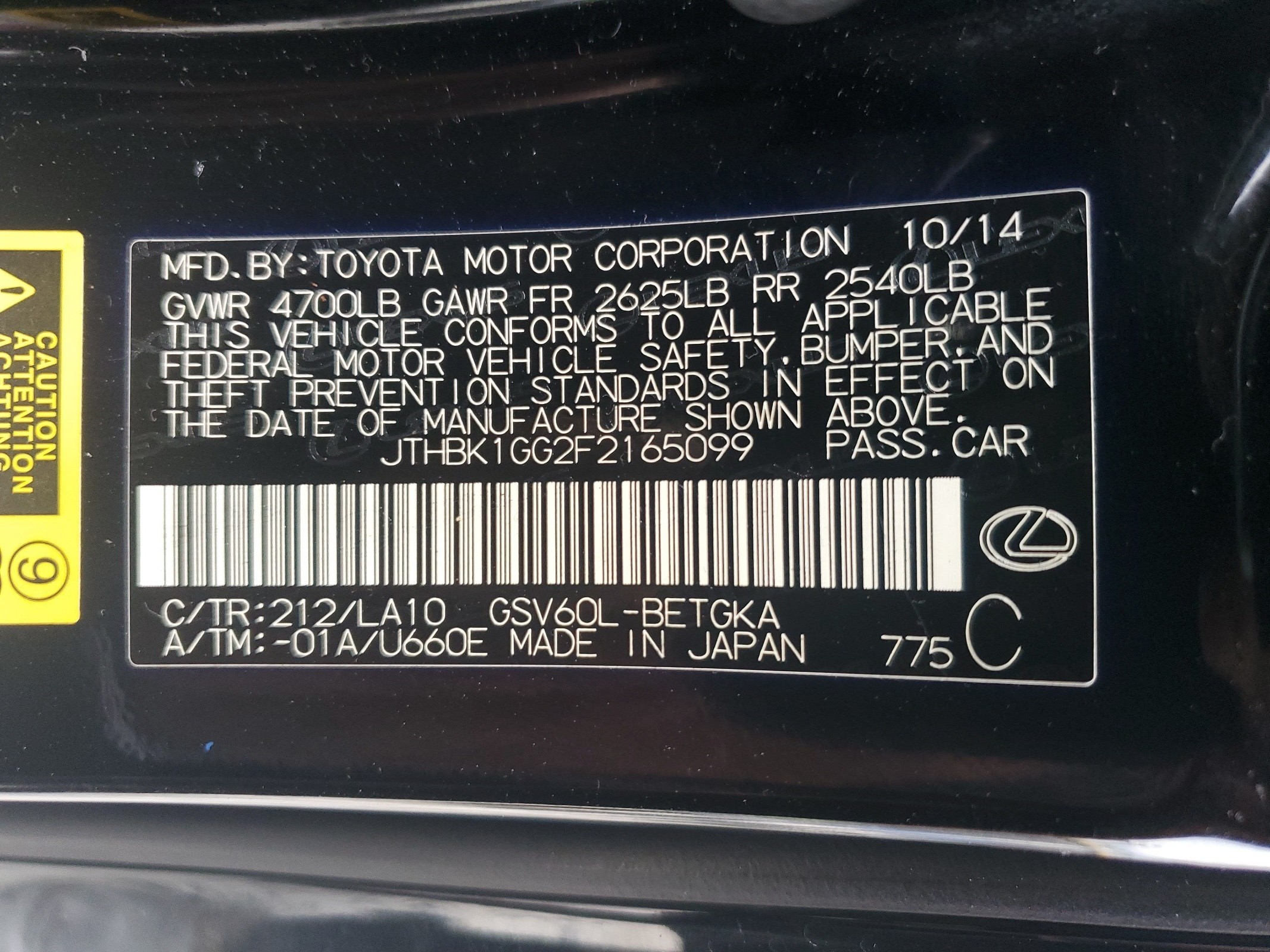 JTHBK1GG2F2165099 2015 Lexus Es 350