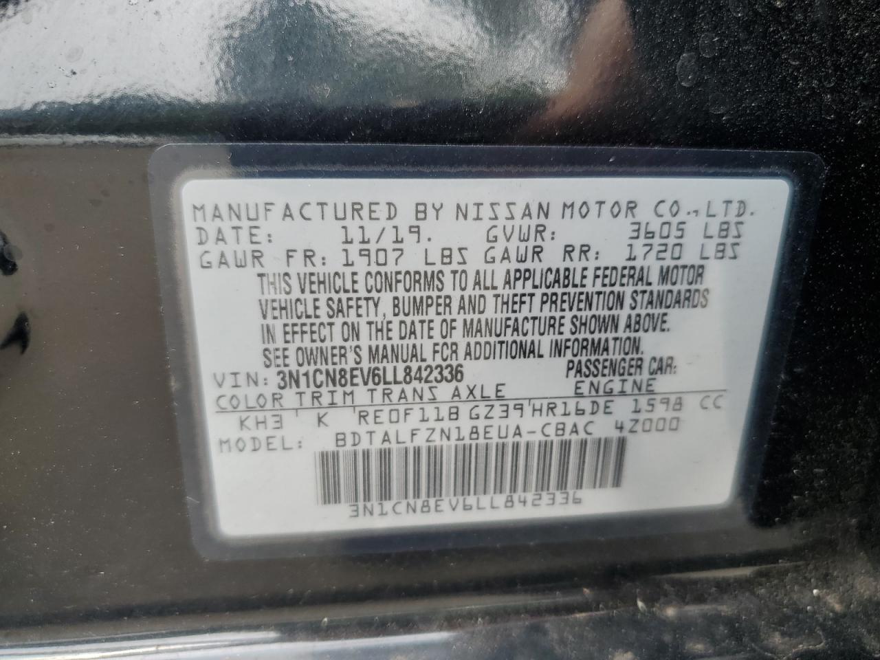 2020 Nissan Versa Sv VIN: 3N1CN8EV6LL842336 Lot: 64314494