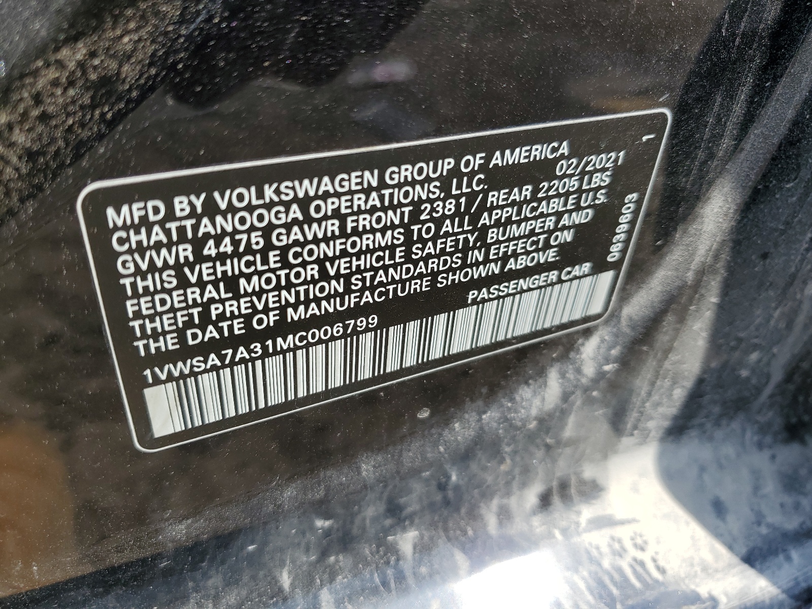 1VWSA7A31MC006799 2021 Volkswagen Passat Se