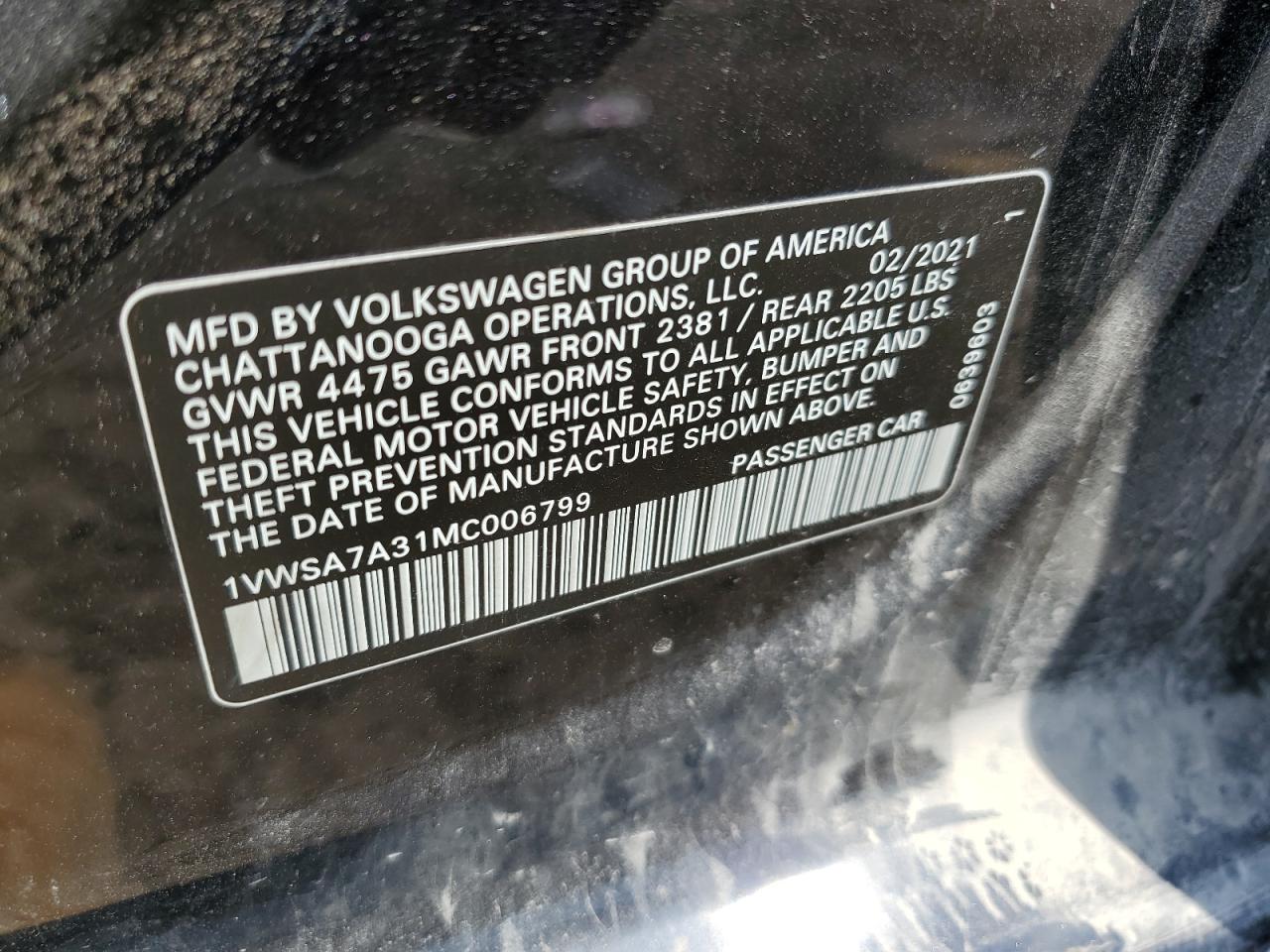 2021 Volkswagen Passat Se VIN: 1VWSA7A31MC006799 Lot: 62145984