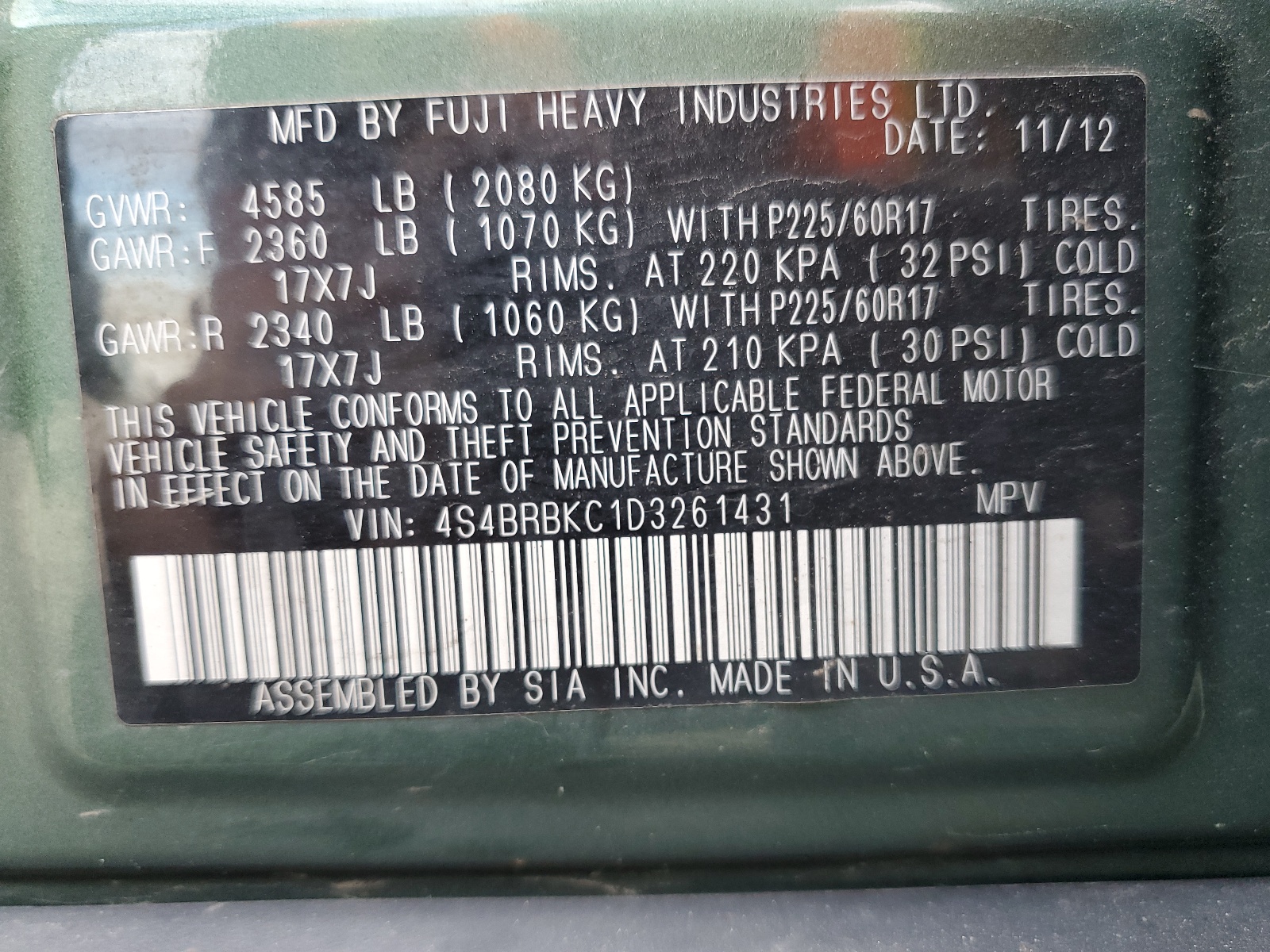 4S4BRBKC1D3261431 2013 Subaru Outback 2.5I Limited