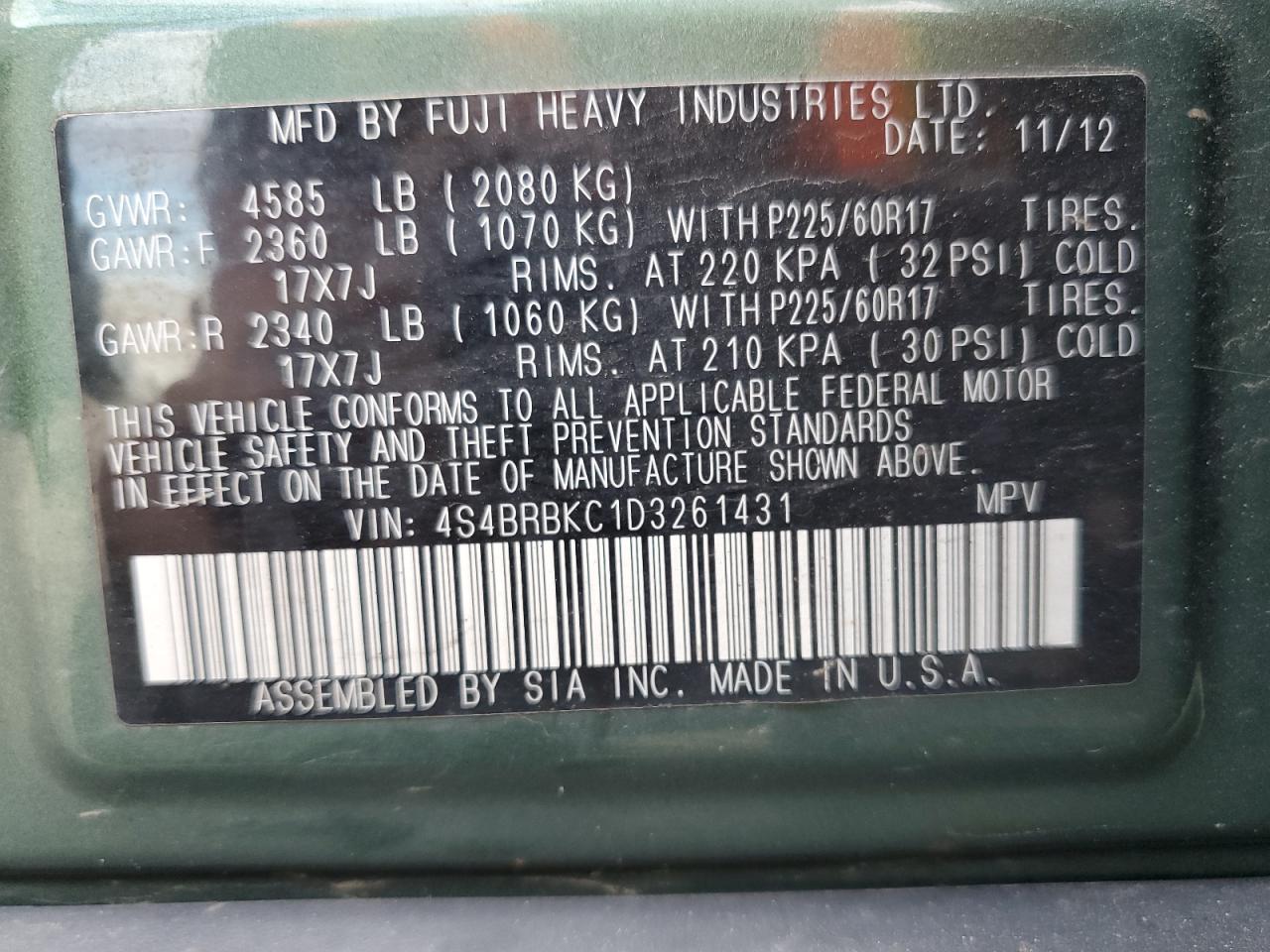 2013 Subaru Outback 2.5I Limited VIN: 4S4BRBKC1D3261431 Lot: 63185214