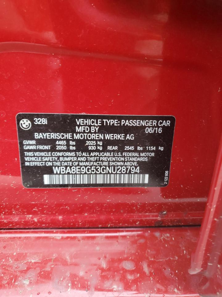 2016 BMW 328 I Sulev VIN: WBA8E9G53GNU28794 Lot: 62478894