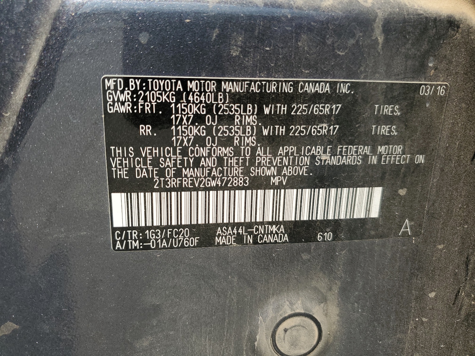 2T3RFREV2GW472883 2016 Toyota Rav4 Xle