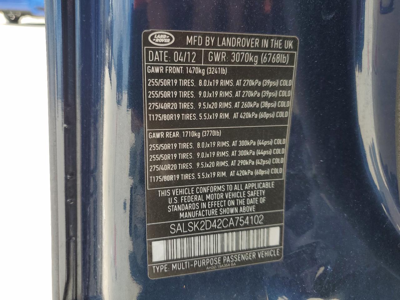 2012 Land Rover Range Rover Sport Hse Luxury VIN: SALSK2D42CA754102 Lot: 61300314