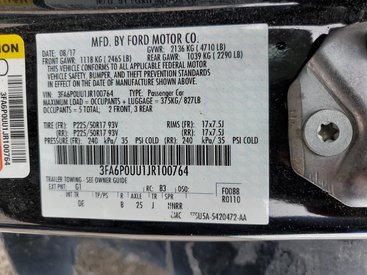 3FA6P0UU1JR100764 2018 Ford Fusion S Hybrid