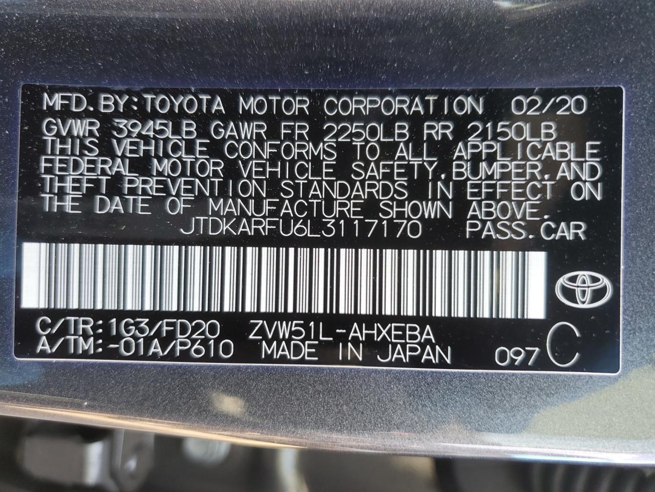2020 Toyota Prius L VIN: JTDKARFU6L3117170 Lot: 62664504