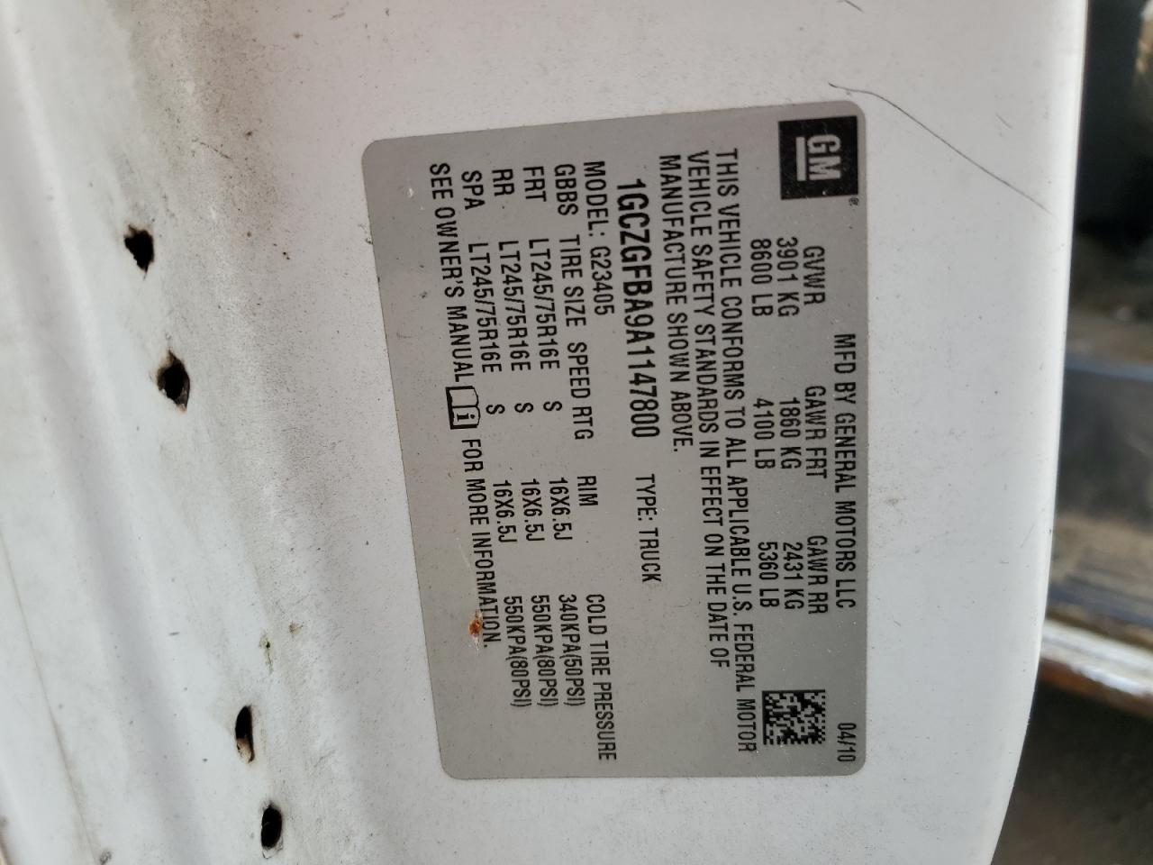 2010 Chevrolet Express G2500 VIN: 1GCZGFBA9A1147800 Lot: 64806854