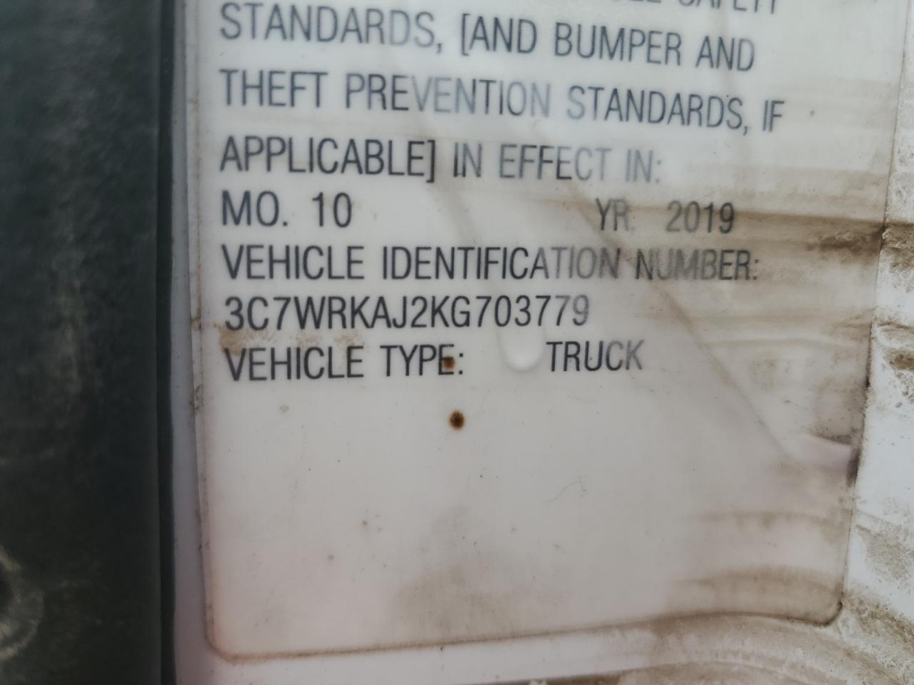 VIN 3C7WRKAJ2KG703779 2019 RAM All Models no.13