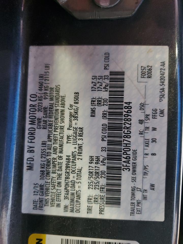 2016 Ford Fusion Se VIN: 3FA6P0H78GR289684 Lot: 64161984