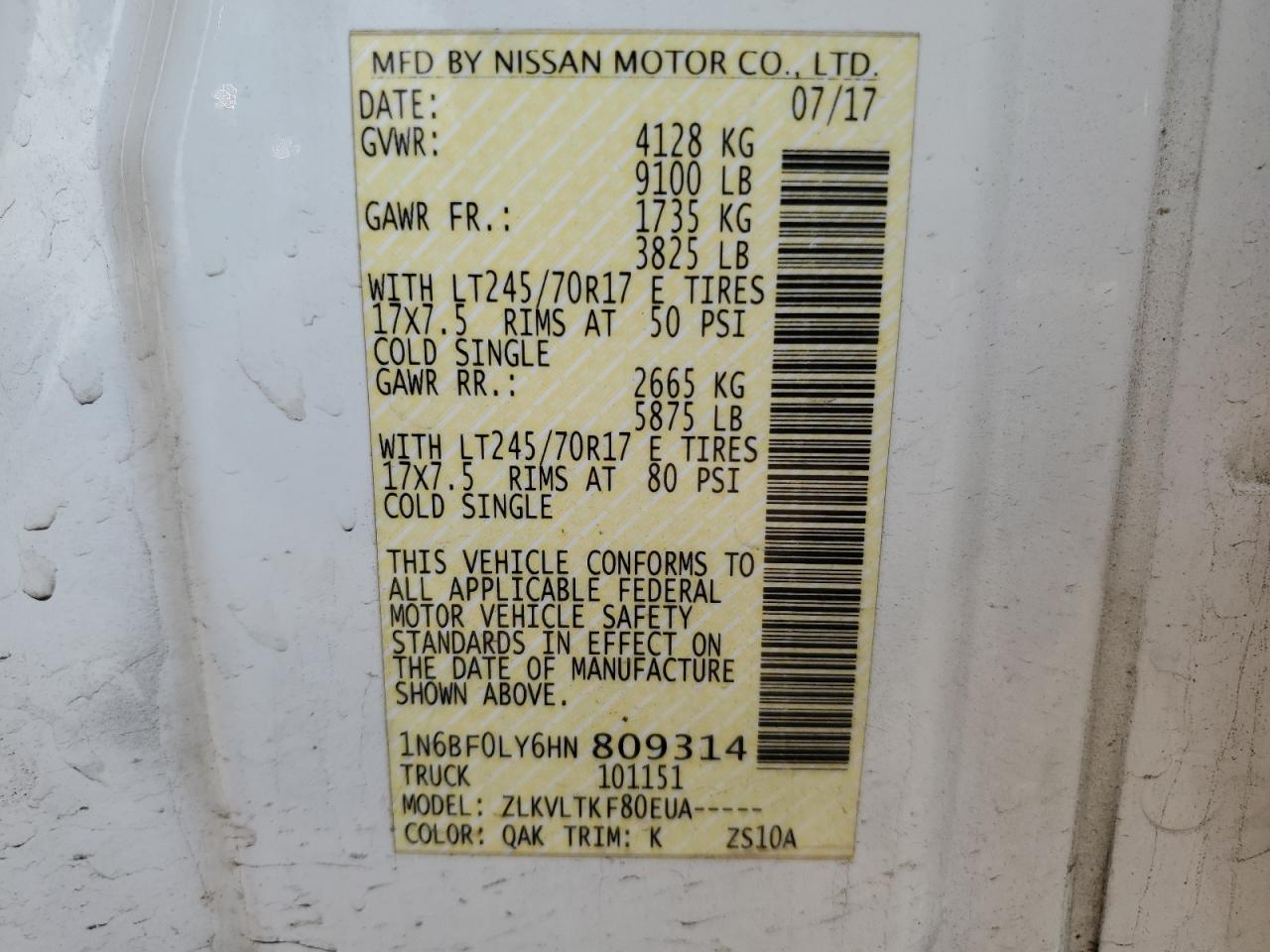 1N6BF0LY6HN809314 2017 Nissan Nv 2500 S