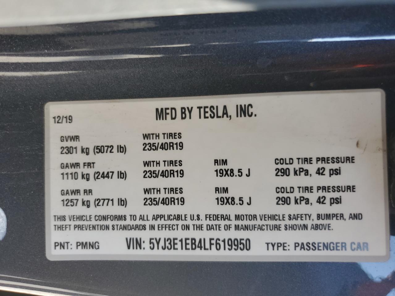 5YJ3E1EB4LF619950 2020 Tesla Model 3