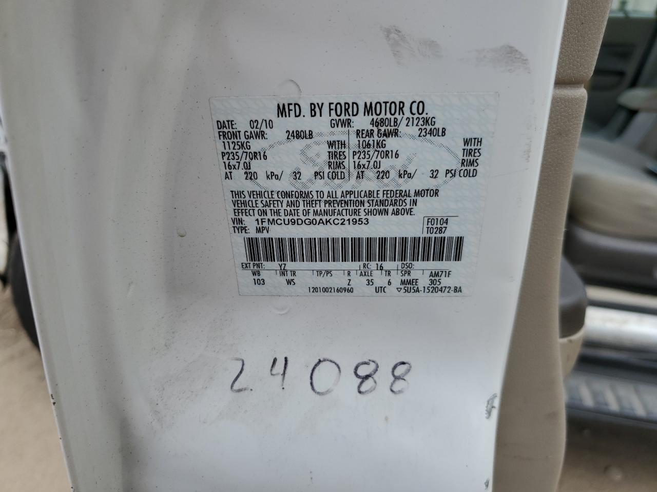 2010 Ford Escape Xlt VIN: 1FMCU9DG0AKC21953 Lot: 63768714