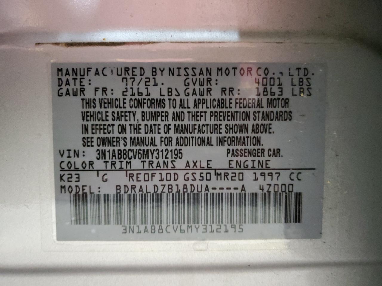 2021 Nissan Sentra Sv VIN: 3N1AB8CV6MY312195 Lot: 64952794