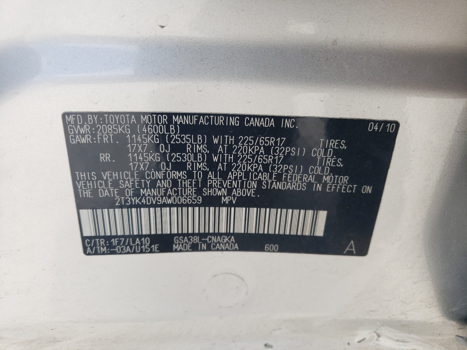 2T3YK4DV9AW006659 2010 Toyota Rav4 Limited