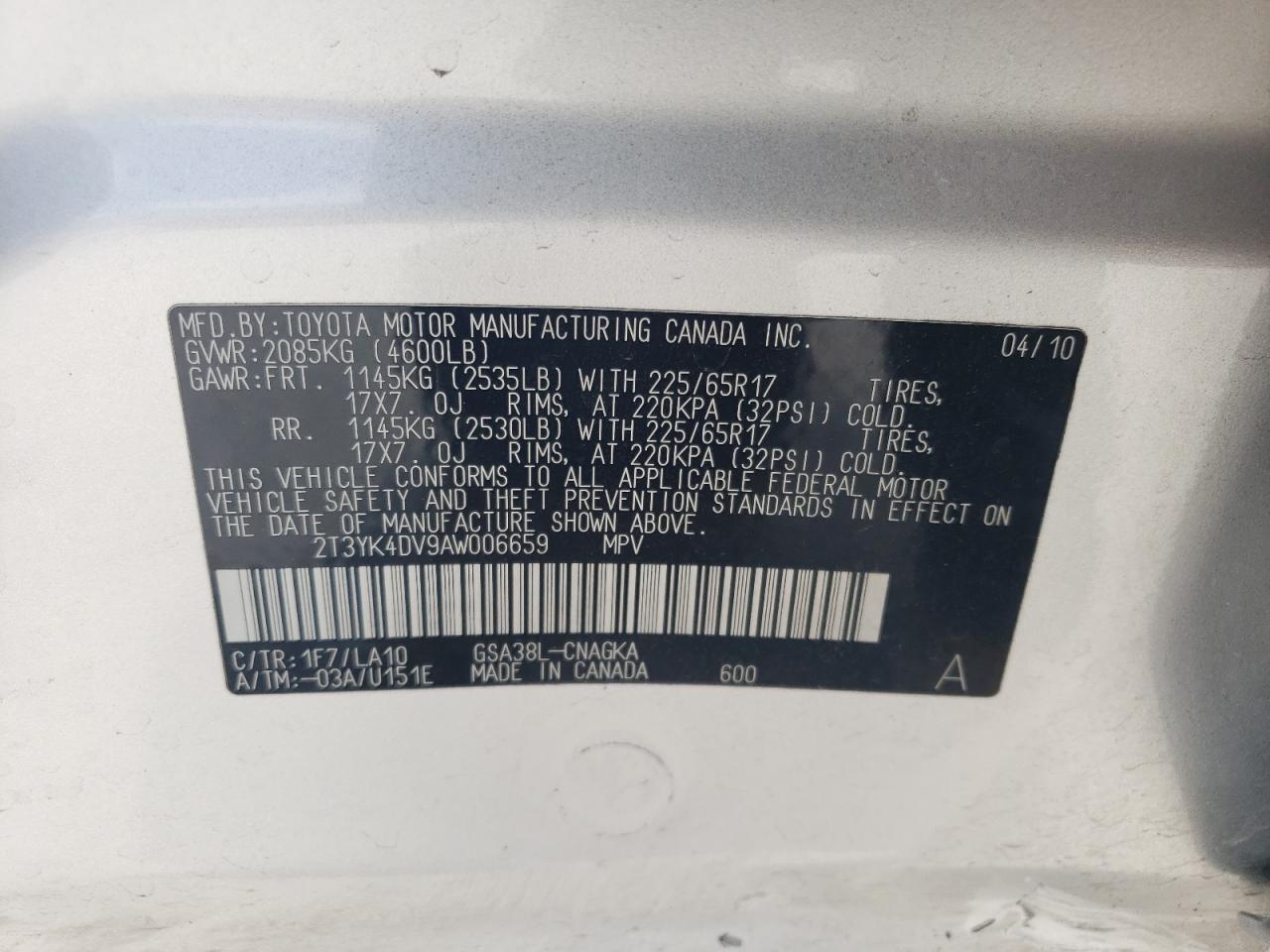 2010 Toyota Rav4 Limited VIN: 2T3YK4DV9AW006659 Lot: 61670824