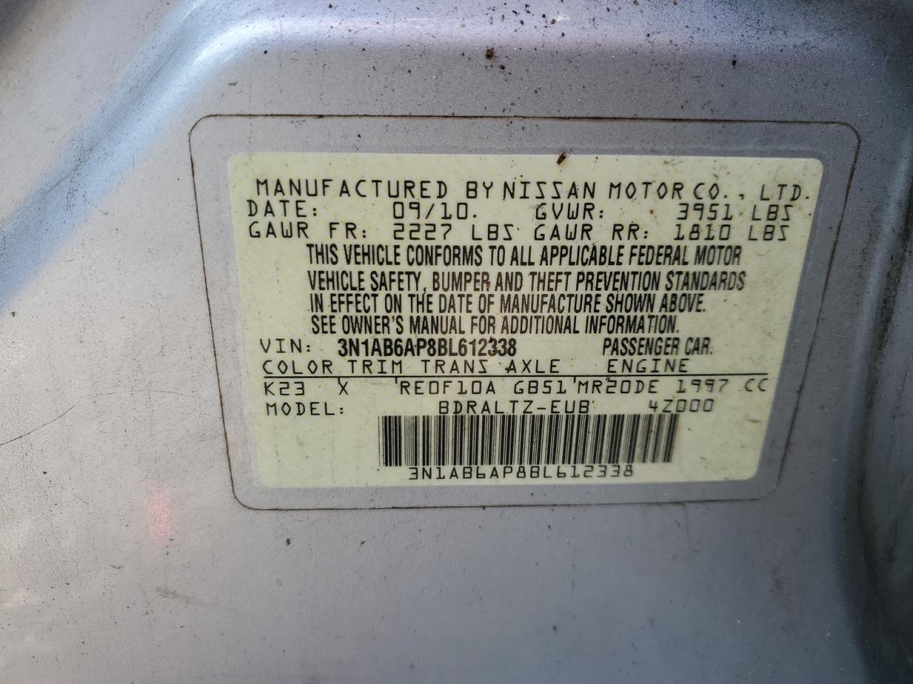 2011 Nissan Sentra 2.0 VIN: 3N1AB6AP8BL612338 Lot: 61937624