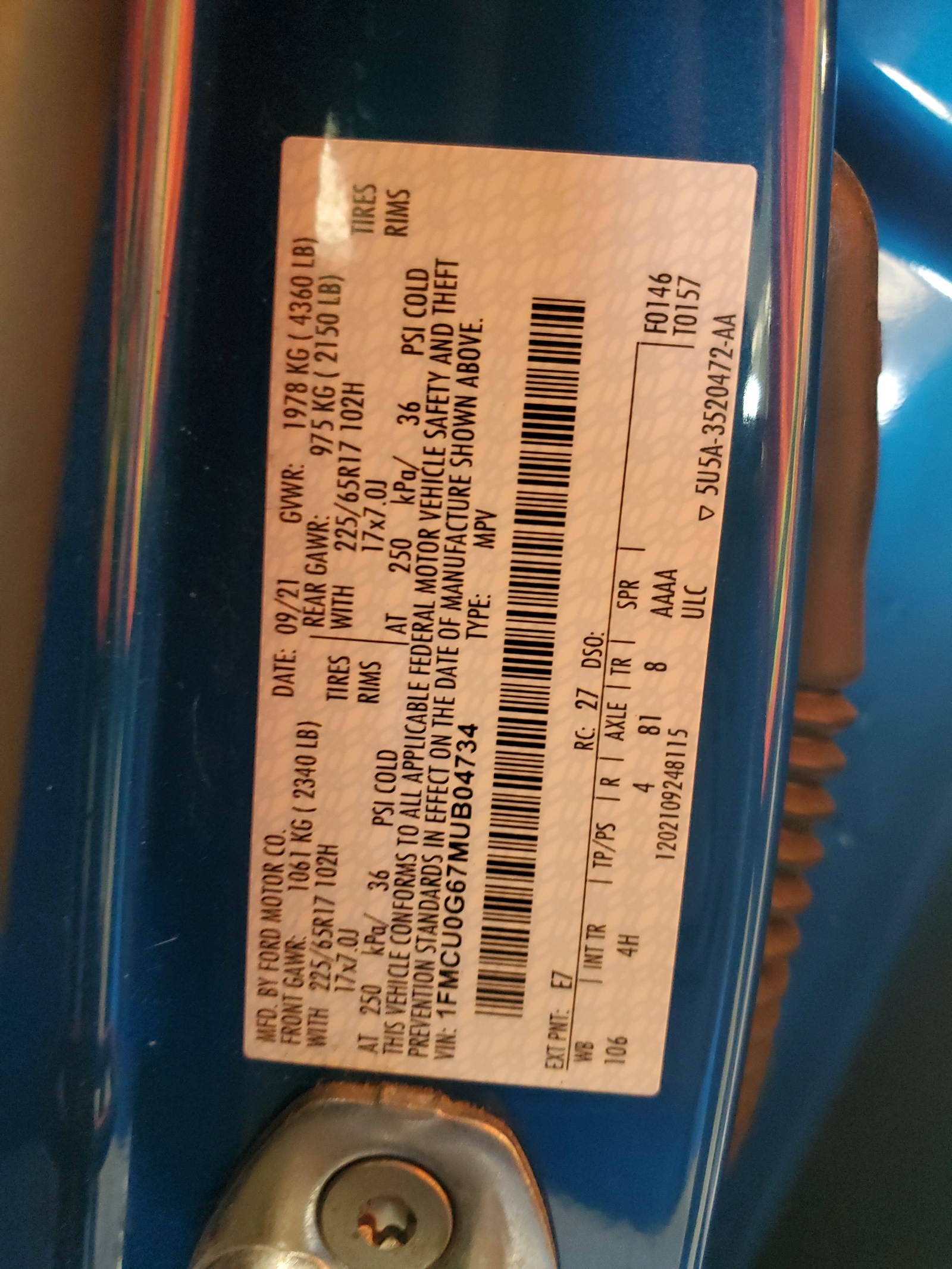 1FMCU0G67MUB04734 2021 Ford Escape Se