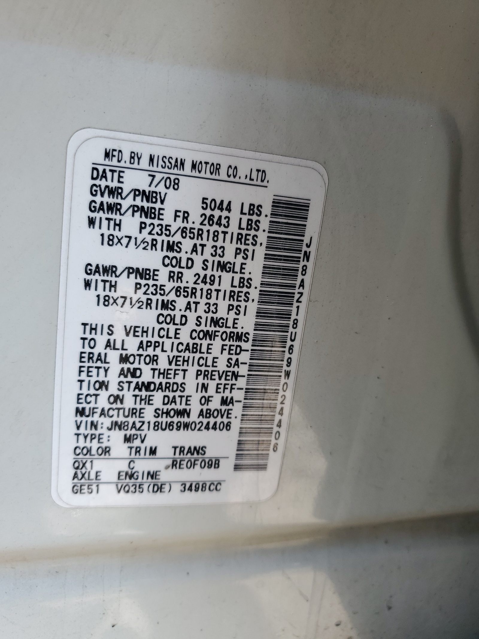 JN8AZ18U69W024406 2009 Nissan Murano S