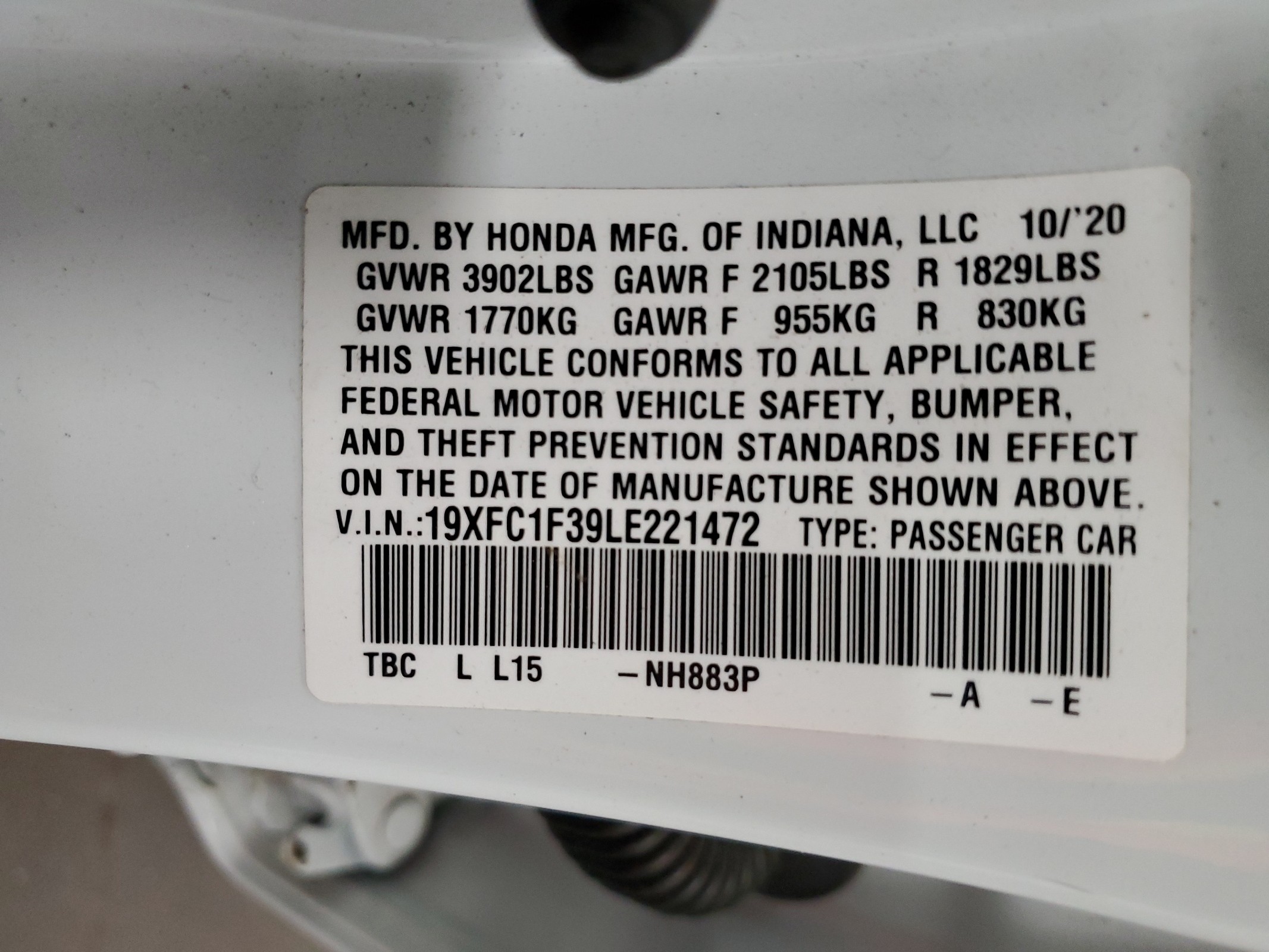 19XFC1F39LE221472 2020 Honda Civic Ex